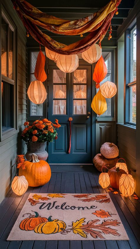 Get inspired with these 12 front porch fall decor ideas that blend style and comfort. Discover ways to make your porch a cozy autumn retreat! #FrontPorchFallDecorIdeas #FallPorch #FallPorchDecorations Lanterns On Porch, Thanksgiving Porch Decorations, Porch Decor On A Budget, Cozy Fall Porch, Front Porch Fall Decor Ideas, Rustic Fall Porch, Fall Porch Decorations, Unique Fall Wreath, Fall Porch Decorating Ideas