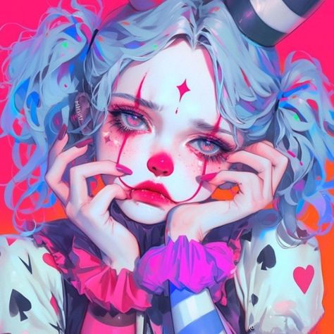 Anime Clown Pfp, Clown Girl Pfp, Clown Girl Art, Clown Girl, Cute Clown, Girl Pfp, Chibi Anime Kawaii, Creepy Clown, Gothic Dolls