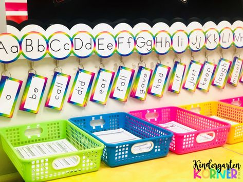 4 Reasons to Switch to a Portable Word Wall - Kindergarten Korner Portable Word Wall Kindergarten, Writing Center Bulletin Board, Portable Word Wall, Camp Classroom, Word Wall Kindergarten, Portable Word Walls, Classroom Word Wall, Goal Sheet, Classroom Items