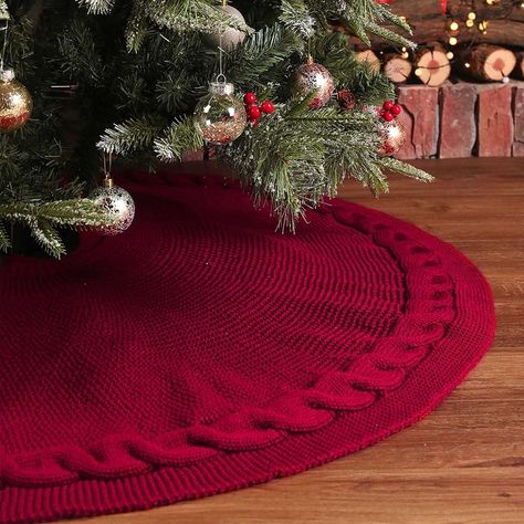 Christmas Tree Decorations Farmhouse, Knit Tree Skirt, Rustic Christmas Tree Decorations, Knitted Christmas Tree, Vintage Christmas Tree Skirt, Red Christmas Tree Skirt, Home Party Decorations, Xmas Tree Skirts, Farmhouse Christmas Tree