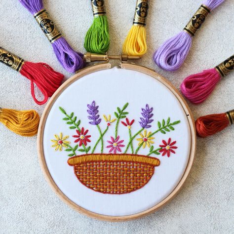 Flower Basket Embroidery, Basket Embroidery, Etsy Embroidery, Simple Hand Embroidery Patterns, Colour Full, Floral Cross Stitch Pattern, Beginner Embroidery Kit, Embroidery Sampler, Floral Embroidery Patterns