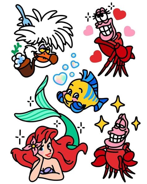 Old School Disney Tattoo, Mermaid Flash, Old School Disney, Vintage Tattoos, Flash Sheet, Disney Tattoo, Dremel Tool, Disney Tattoos, Vintage Tattoo