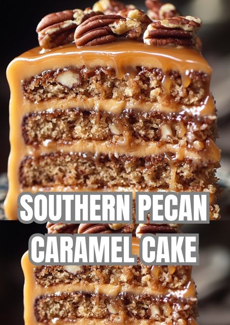 Southern Pecan Caramel Cake Caramel Sheet Cake Recipe, Southern Pecan Caramel Cake, Cowboy Cake Ideas, Caramel Pecan Cake Recipe, Caramel Pecan Upside Down Cake, Pecan Caramel Cake, Thanksgiving Cake Ideas, Carmel Desserts, Brownie Bowl