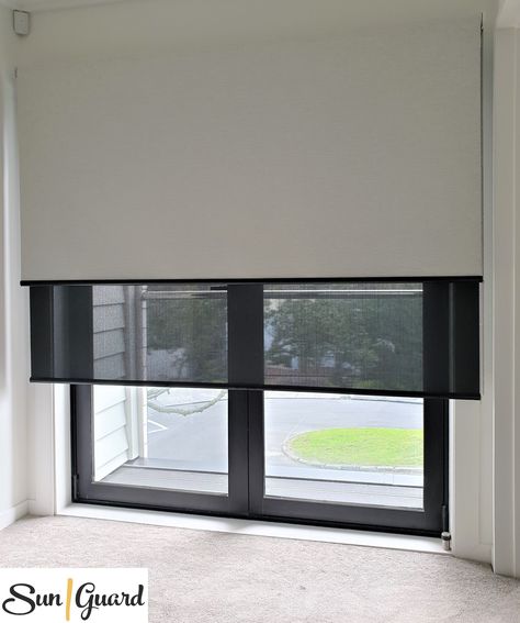 Blinds For Lounge Windows, Dual Roller Blinds, Black Roller Blinds, Modern Window Coverings, Roller Blinds Living Room, Black Window Treatments, Blinds For Windows Living Rooms, Cortinas Roller, Window Furnishings