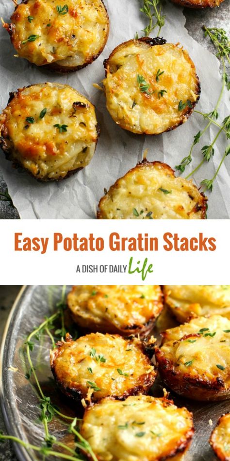 These Potato Gratin Stacks are a great short cut option for the more time consuming Potatoes Au Gratin casserole dish. They’re just as delicious, and they’re easier to make! #SideDish #Easter #Christmas #Thanksgiving #PotatoesAuGratin #Potatoes #PotatoesGratin Potato Gratin Stacks, Easy Potato Gratin, Potato Gratin Easy, Potatoes Au Gratin, Potato Gratin, Potato Side Dishes, No Dairy Recipes, Thanksgiving Menu, Short Cut