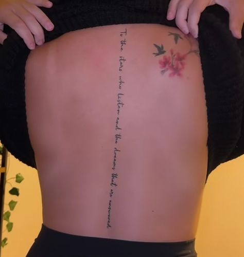 You Could Rattle The Stars Tattoo, To All The Stars Who Listen, To The Stars That Listen And The Dreams, Acotar Tattoos To The Stars Who Listen, Acotar Spine Tattoos For Women, Acator Tattoos, Bookish Spine Tattoo, Acotar Stars Tattoo, To The Stars That Listen Tattoo