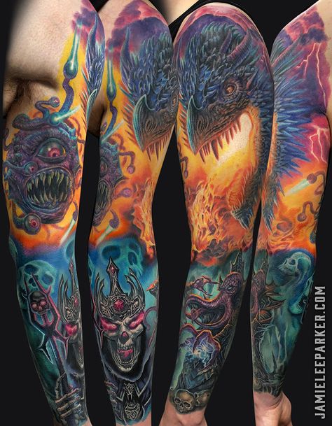 Fantasy Full Sleeve Tattoo, Color Fantasy Tattoo, Dnd Sleeve Tattoo, Dnd Monster Tattoo, Dnd Tattoo Sleeve, Monster Tattoo Sleeve, Stormlight Tattoo, D&d Tattoo Ideas, Dnd Tattoo Designs