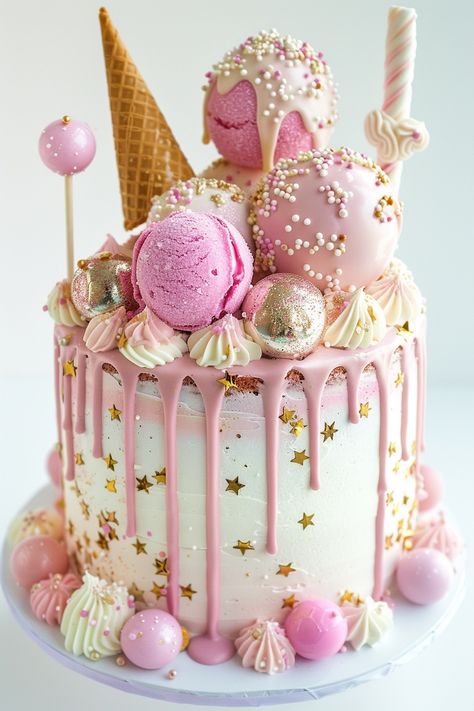 Pastel Perfection: Elegant Pink Birthday Cake for a Stylish Celebration Birthday Cake With Ice Cream Cone, Cake With Macaroons On Top, Bailey Cake, Unique Birthday Ideas, Baileys Cake, Pink Cakes, Pink Birthday Cake, Chic Birthday Party, Stunning Aesthetic