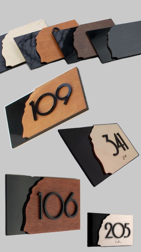 Unique and Modern Hotel Number Signs made with attention to each detail. This door plate is available in 6 wood colours and different custom sizes. We provide worldwide shipping! Unique Signage Design, Door Sign Design, Hotel Doors Design, Modern Signage, Wood Colours, Plaque Design, Door Plate, Number Signs, Hotel Door