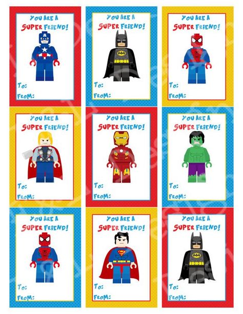 Pin for Later: These Lego Valentines Are the Cutest on the "Block" You Are a Superfriend! Combine the world of superheroes and Legos with this variety of printable superhero minifigure valentines ($5). Marvel Cakes, Marvel Valentines, Lego Classroom, Superhero Valentines, Lego Superheroes, Free Printable Valentines Cards, Nerdy Valentines, Printable Valentines Day Cards, Printable Valentines Cards