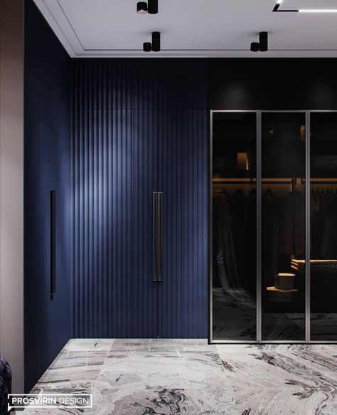 Blue Built In Wardrobe, Navy Walk In Closet, Woredrop Design, Dark Blue Wardrobe Bedroom, Dark Blue Wardrobe, Blue Wardrobe Bedroom, Navy Blue Wardrobe, Blue Dressing Room, Navy Blue Closet