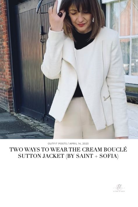 A cream bouclé jacket with a difference! A biker style version for easier day-to-day styling of such a chic and modern fabric of style. I was invited by London brand Saint + Sofia to style out their gorgeous Sutton Jacket for Spring 2023 – it’s a modern take on the traditional cream bouclé fabric that has become synonymous with chic styling. Read the full article (link below) Ivory Jacket Outfit, Jacket For Spring, London Brands, Boucle Jacket, Easy Day, The Cream, Spring 2023, Biker Style, Modern Fabric