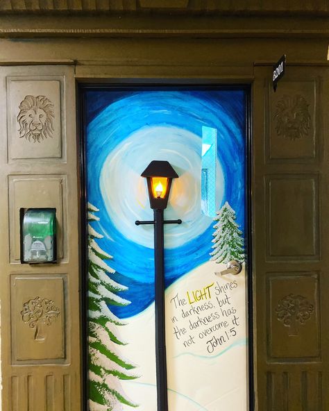 2019 Door Decorating Contest - My classroom door was transformed into a gateway to Narnia with a little help from my hubby. Wardrobe is made from foam insulation. Lamp post is project board and the bulb is wired to go down the post, under the door, and plug in on the other side. Narnia Bulletin Board Ideas, Lion Witch And The Wardrobe Classroom Door, Narnia Classroom Door, Narnia Bulletin Board, Narnia Door Decoration, Nutcracker Classroom Decorations, Nutcracker Classroom Door, Winter Door Decorating Contest, Classroom Door Winter