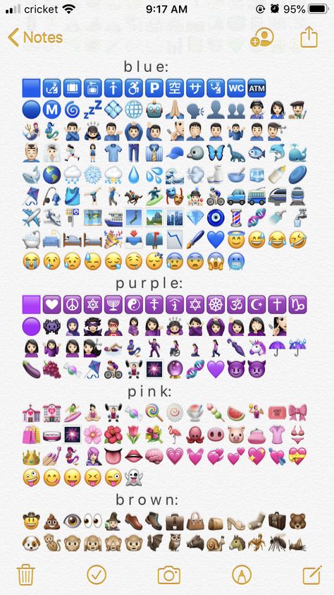 blue emojis, purple emojis, pink emojis, brown emojis, organized into colored order. Purple Emoji Combos, Blue Emoji Combos, Purple Emoji Combinations, Pink Emoji Combos, Brown Emojis, Blue Emoji Combinations, Pink Emoji Combinations, Aesthetic Emoji Combos, Combo Emoji