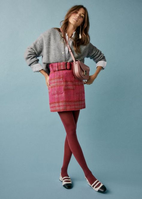 Gillie Skirt - Black - Sézane Red Suede Skirt Outfit, Fuchsia Skirt Outfit, Pink Skirt Outfit Winter, Pink Outfit Winter, Sezane Skirt, Sezane Outfit, Jane Outfits, Check Print Skirt, Suede Skirt Outfit