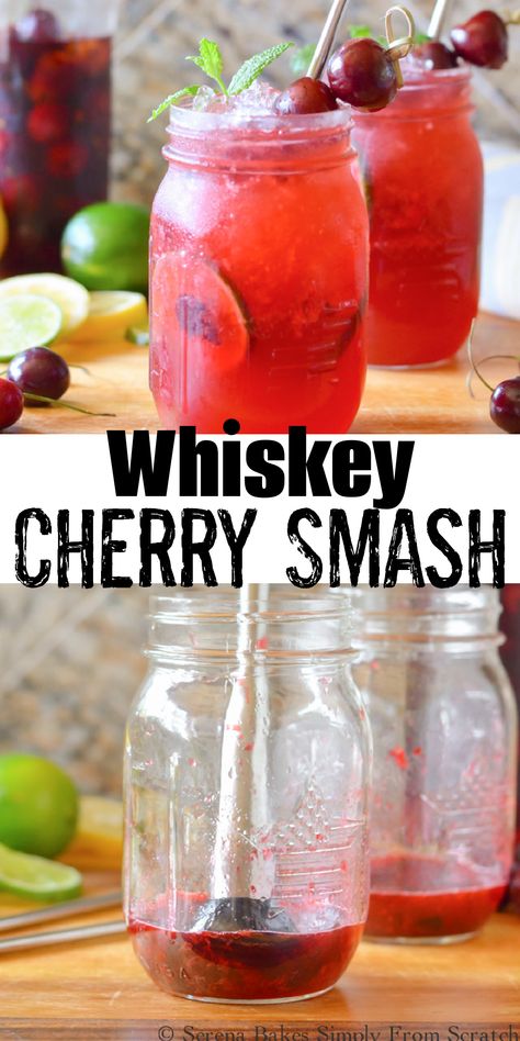 Cherry Smash Cocktail, Cherry Whiskey Paralyzer, Fresh Cherry Cocktails, Cherry Dr Mcgillicuddy Drinks, Bourbon Cherry Smash, Cherry Whiskey Drinks, Drinks With Cherries, Whiskey Cherries, Cherry Whiskey Sour