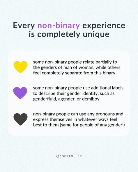 If you’ve ever wondered whether you’re non-binary… 💛🤍💜🖤 …then this could be a helpful resource for you! Non-binary is an umbrella term, as well as individual identity label, that describes any gender that isn’t strictly within the binary of man and woman. 💡Fun fact — The word non-binary can also be spelled nonbinary (without the hyphen), as well as be shortened to enby — the sound you get when you say the letters N + B, which stand for non-binary. (The word enby is used because the term NB... Non Binary Meaning, Non Binary Tips, Nonbinary Names, Enby Flag, Non Binary Aesthetic, Queer Aesthetic, Androgynous Haircut, Nonbinary People, Umbrella Term