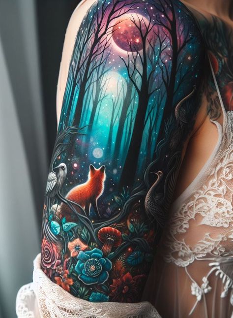 Magic Forest Tattoo, Enchanted Forest Tattoo, Forest Tattoo Design, Vertical Tattoo, Forest Tattoo, Japanese Forest, Forest Tattoos, Just Ink, Single Tree