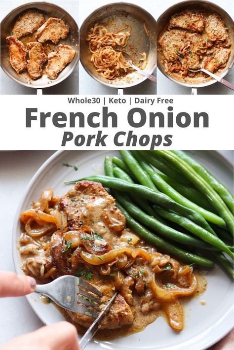 Onion Pork Chops, French Onion Pork Chops, Df Recipes, Paleo Pork, Whole30 Dinner Recipes, Whole30 Dinners, Whole 30 Diet, One Skillet, Pork Dinner