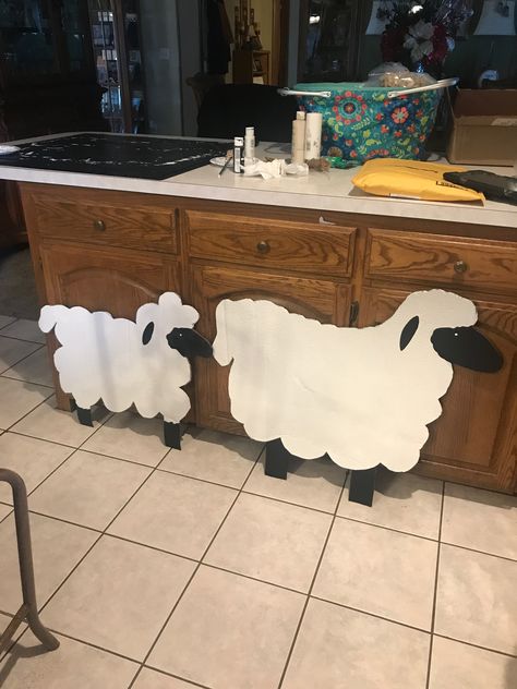 Cardboard Sheep Prop, Sheep Diy Decor, Sheep Bulletin Board, Sheep Cardboard, Sheep Cutout, Easter Church Decor, Diy Sheep, Bethlehem Christmas, Jungle Decorations