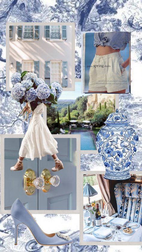 Classic Moodboard, Costal Granddaughter Aesthic, Costal Granddaughter, Money Aesthetics, Grandmillennial Style, Hydrangea Blue, Hamptons Summer, Resort Chic, Blue Cottage