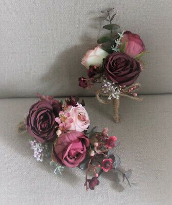 Floral Pin Corsage and Matching Groom Boutonnière In Burgundy Wine & Dusty Pink | eBay Pin Corsage, Cascade Bouquet, Groom Boutonniere, Floral Pins, Burgundy Wine, Wedding Floral, Boutonniere, Dusty Pink, Floral Wedding