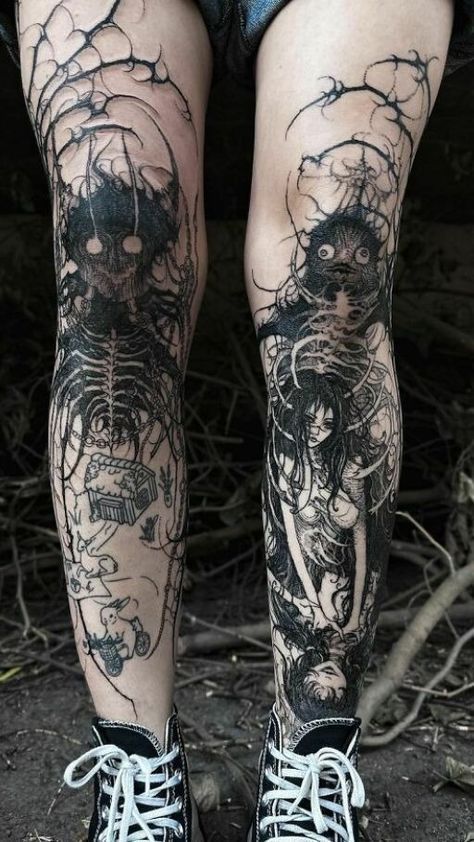 Emo Sleeve Tattoo, Dark Horror Tattoo Designs, Dark Back Tattoos, Leg Piece Tattoo Women, Two Headed Calf Tattoo, Gore Tattoo, Tattoos Horror, Black Out Tattoo, Life In North Korea