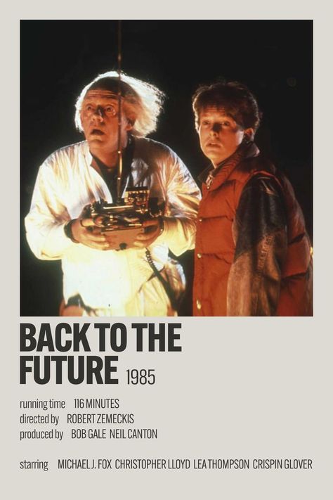 Back to the Future is a 1985 American science fiction film directed by Robert Zemeckis, and written by Zemeckis and Bob Gale. It stars Michael J. Fox, Christopher Lloyd, Lea Thompson, Crispin Glover, and Thomas F. Wilson. Set in 1985, the story follows Marty McFly (Fox), a teenager accidentally sent back to 1955 in a time-traveling DeLorean automobile built by his eccentric scientist friend Doctor Emmett "Doc" Brown (Lloyd). Show Polaroid Poster, Crispin Glover, Lea Thompson, 80s Movie Posters, Christopher Lloyd, The Future Movie, Future Poster, Doc Brown, Film Posters Minimalist