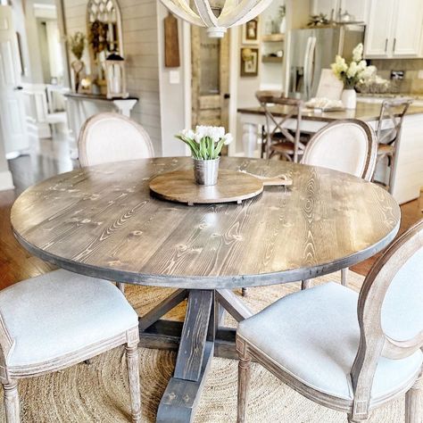 City & Shiplap on Instagram: “Remember playing telephone as a kid? Pass it on from one to the next 🤍 . Spaces should do the same! From Jess’s dinner table you can see…” Small Farmhouse Kitchen Table Round, Circular Farmhouse Table, Round Dining Room Table With Rug, Farmhouse Dining Room With Round Table, Farmhouse Circle Dining Table, Modern Farmhouse Dining Room Round Table, Round Farmhouse Table And Chairs, Farmhouse Table Round, Farmhouse Round Kitchen Table