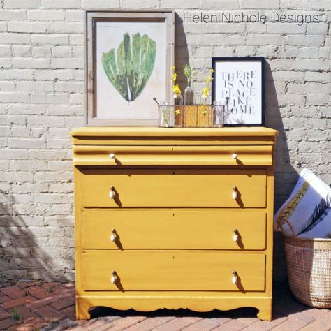 Chalk Painted Sideboard, Yellow Chest Of Drawers, Yellow Painted Furniture, Drop Pulls, Condo Bedroom, General Finishes Milk Paint, Painted Sideboard, Furniture Board, Painted Chest