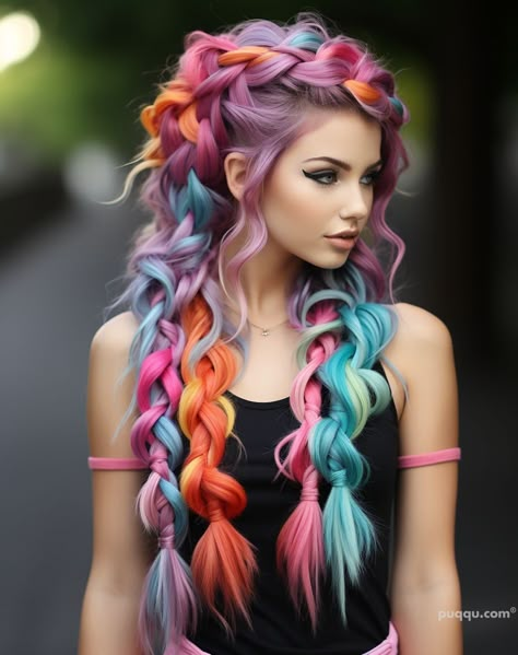 Bold and Beautiful Rainbow Hair Color Ideas to Spark Your Creativity - Puqqu Pop Of Color Hair, Exotic Hair Color, Exotic Hair, Unicorn Hair Color, Exotic Hairstyles, Cotton Candy Hair, Character Prompts, Dramatic Hair, Creative Hair Color