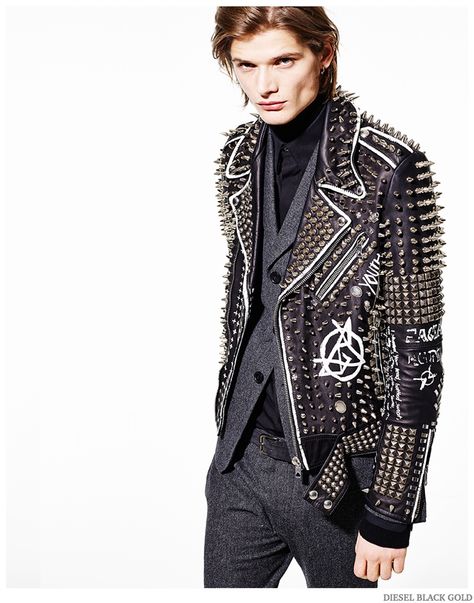 Diesel Embraces Leather & Studs for Pre Fall 2015 Collection image Diesel Black Gold Men Pre Fall 2015 Collection Look Book 007 Ropa Punk Rock, Fall 2015 Style, Diesel Black Gold, Studded Jacket, Biker Leather, 2015 Fashion, Prince Charming, Leather Jacket Men, Pre Fall