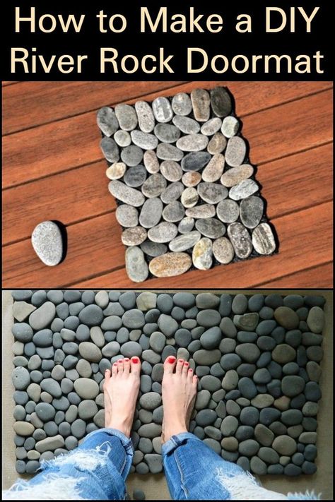 How to Make a DIY River Rock Doormat  Feel close to nature through this creative floor mat. How To Clean River Rock Shower Floor, River Rock Crafts Diy Projects, Rock Crafts For Adults Diy Projects, River Rock Bathroom Floor, Diy Stone Backsplash, Rock Mat, River Rock Bathroom, River Rock Tile, Homemade Stepping Stones