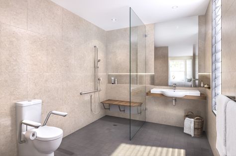 Caroma Aged Care Bathroom Bathroom For Elderly, Home Bathroom Design, Elderly Care Center, Accessible Bathroom Design, Disabled Bathroom, Commercial Bathroom, Wc Design, Bathroom Dimensions, Accessible Bathroom