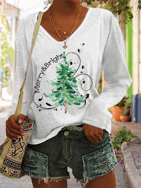 Alanduo Merry And Bright Christmas Tree, Bright Christmas Tree, Long Sleeve Tshirts, Christmas Tree Graphic, Christmas Tree Print, Merry And Bright Christmas, Bright Christmas, Blue Christmas, Tree Print