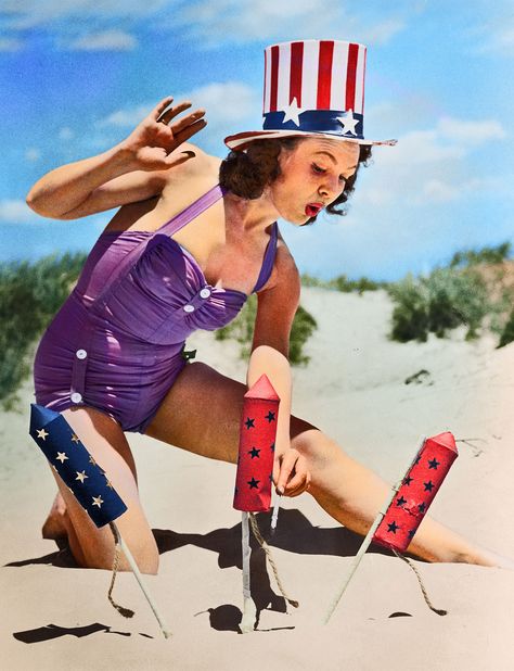 July 4th: Colorized Vintage Photos of Pin-up Models | Time I Will Not Lose, Food Shoot, Vintage 4th Of July, Not Going Out, 4th Of July Photos, Betty Grable, Vintage Halloween Costume, Pin Up Photos, Winter Pins