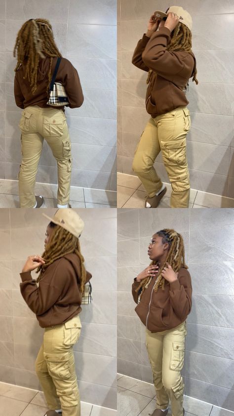 brown hoodie , shoulder bag, fitted cap, 59fifty, butterfly locs, brownskin girl, yeezy slides, outfit inspo , cargos , streetwear Yeezy 500 Clay Brown Outfit, Dark Brown Yeezy Slides Outfit, Yeezy Slides With Cargo Pants, Brown Yeezy Slides Outfit, 59fifty Outfit, Cargos With Yeezy Slides, Brown Hoodie For Spring Streetwear, Fitted Brown Cargo Pants For Streetwear, Brown Spring Streetwear Hoodie