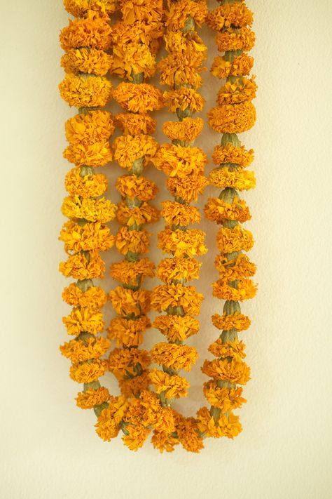 Hanging Marigold Decor, Dried Flowers Garland, Dried Marigold Garland, California Tacos, Orange Flower Garland, Diwali Garland, Yellow Flower Garland, Tacos Ideas, Dried Flower Garland