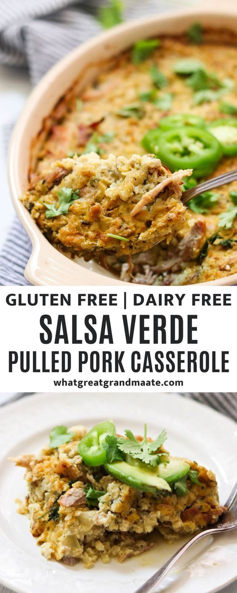 This Salsa Verde Pulled Pork Casserole is a great way to use up leftover pulled pork, and you’ll love how flavorful and delicious it is! It’s also grain free, and packed with so much flavor. Recipe Using Pulled Pork, Paleo Pulled Pork, Low Carb Pulled Pork, Pulled Pork Casserole, Healthy Pulled Pork, Pulled Pork Leftover Recipes, Leftover Pulled Pork, Pork Casserole, Yummy Casserole Recipes