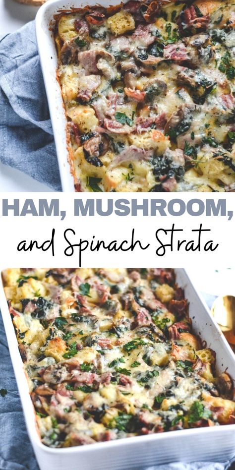 If you have lots of leftover ham from your Christmas festivities, this Ham, Mushroom, and Spinach Strata will use it all up! Savory Pudding, Deli Ham Recipes, Cooked Spinach Recipes, Spinach Strata, Strata Recipes Breakfast, Spinach Casserole Recipes, Healthy Ham, Ham Breakfast Casserole, Spinach Recipes Healthy