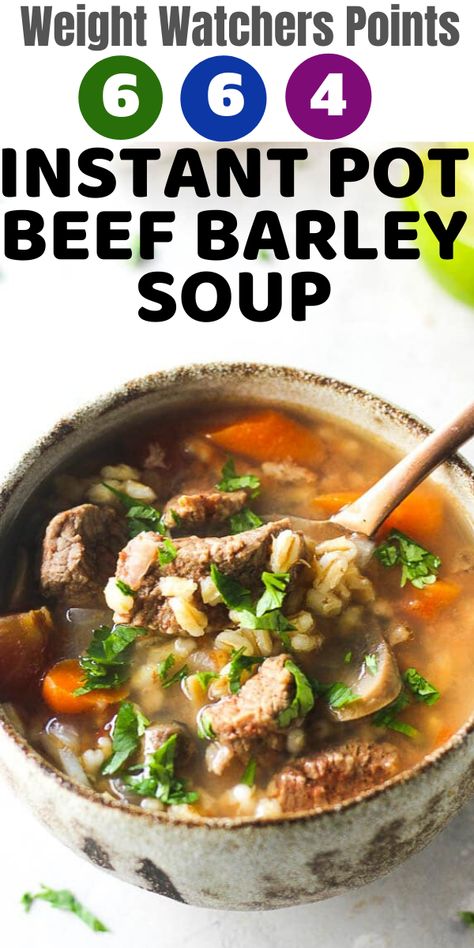 Weight watchers WW green plan, blue plan and purple plan points already calculated for you! Instant pot beef barley soup, myWW recipe for weight loss Weight Watchers Beef Barley Soup, Purple Recipes, Beef And Barley Soup, Beef And Barley, Ww Meals, Beef Barley, Weight Watchers Soup, Beef Barley Soup, Ww Freestyle