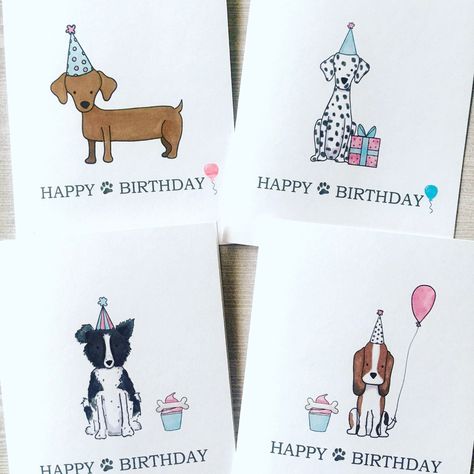 "Dogs Birthday Card Set, Birthday Card Set, Birthday Card Assortment, Dog Cards, Handmade card, DesignsbyAliA Handmade Cards and envelopes sold in sets of 4 or 8. Each card measures approximately 5.5x4.25 inches (when folded).   These cards feature watercolor art images of four different dogs highlighted with touches of pink and turquoise.  Art is printed on premium white card stock. colorful party hats,  birthday gifts, and balloons are added to send an adorable greeting.   YOUR CHOICE OF ENVEL Homemade Dog Birthday Cards, Watercolor Dog Birthday Card, Birthday Cards With Dogs Handmade, Birthday Card Ideas Dog, Cute Dog Birthday Cards, Dog Birthday Card Ideas, Dog Birthday Cards Handmade, Birthday Dog Drawing, Dog Birthday Cards