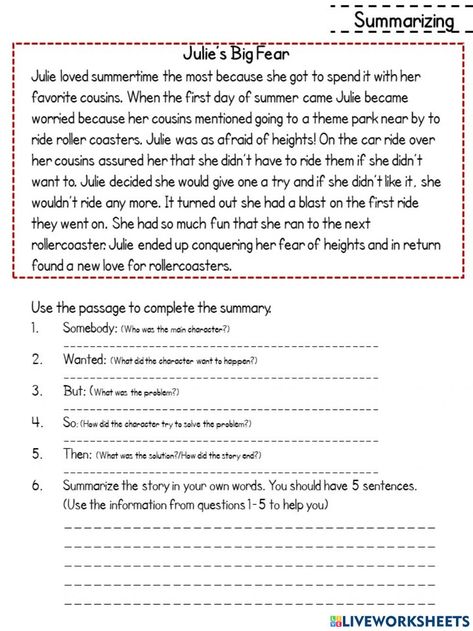 Summary Worksheet, Summarizing Worksheet, Narrative Text, Summary Writing, Subject And Predicate, Authors Purpose, English Lessons For Kids, English Reading, Writing Worksheets