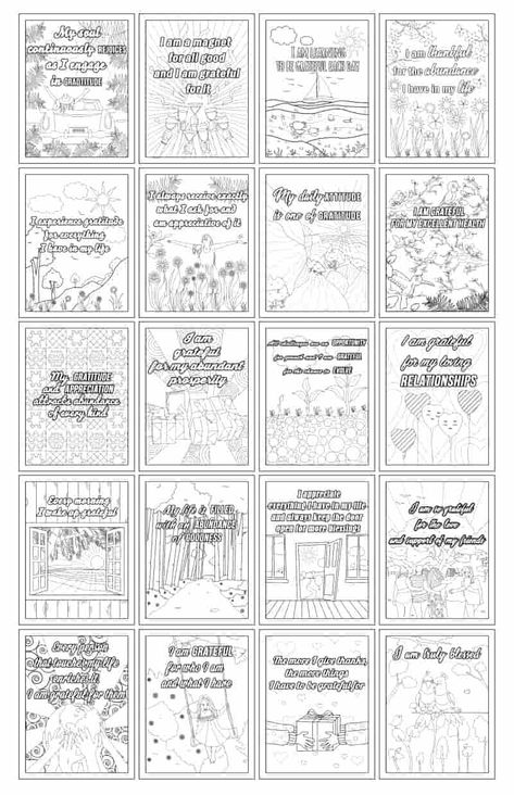 Gratitude Coloring Pages (x20 free printable sheets) to Help You Relax and Feel Good Gratitude Affirmations, Printable Journal, Daily Gratitude, Power Of Positivity, Colouring Pages, Printable Coloring Pages, Printable Coloring, Adult Coloring Pages, Travel Journal