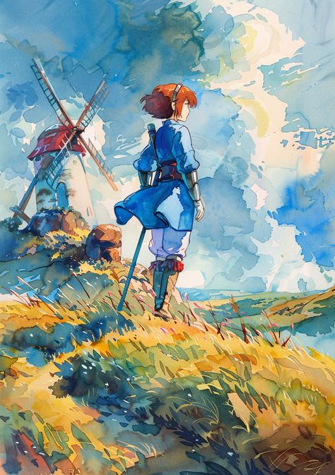 #NausicaaWatercolor #GhibliMovie #ValleysWithWindmill #LightAndShadow #Post-impressionism #TheCandie Valley Of The Wind Nausicaa Of The, Watercolour Fantasy Art, Nausicaa Of The Valley Of The Wind Art, Nausicaä Of The Valley Of The Wind, Watercolor Character Art, Watercolor Character Design, Nausicaa Fanart, Nausicaa Of The Valley Of The Wind, Nausicaa Tattoo