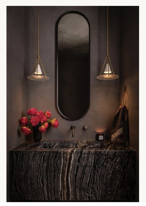 Powder Room Dark, Luxury Powder Room Design, Master Vanity, Luxury Powder Room, Dark And Moody Interiors, Tribe Design, Luxury Powder, Frank Lloyd Wright Homes, Moody Interiors