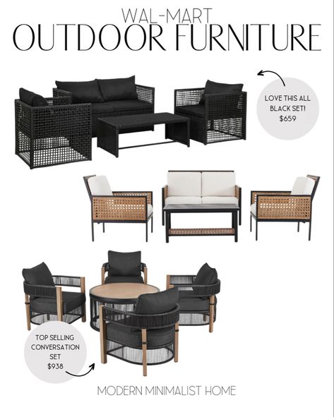 Outdoor patio furniture sets from wal-mart. I am loving the all black set! If you have a White House like ours it creates a nice pop! I also have my eye on this 5 piece conversation set for our cover deck! I love that it’s not a dining set but could be used as one. Outdoor furniture, outdoor pillows, outdoor rug, outdoor, outdoor planters, outdoor patio furniture, outdoor dining, outdoor dining table, outdoor dining set, modern outdoor rug, wayfair patio, affordable outdoor rugs, patio chairs, Wayfair Patio Furniture, Black Patio Furniture, Dining Table Outdoor, Modern Outdoor Rugs, Patio Lounge Furniture, Front Porch Furniture, Cheap Patio Furniture, Planters Outdoor, Dining Outdoor