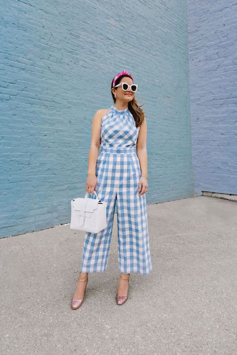 J Crew Gingham Jumpsuit Picnic Skirt, Sweet Outfits, Gingham Jumpsuit, Fav Outfit, Jump Suits, Charleston Style, Outfit 2023, Glamorous Fashion, Trendy Office