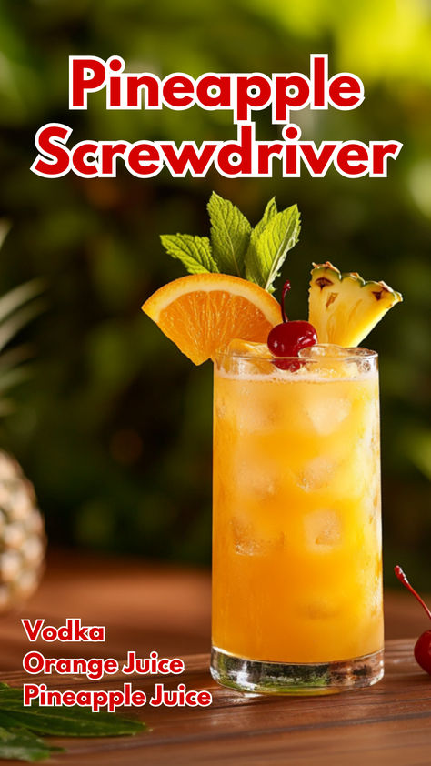 Pineapple Screwdriver Pineapple Refresher Recipe, Pineapple Screwdriver, Pineapple Alcohol Drinks, Pineapple Vodka Drinks, Screwdriver Drink, Mixed Drinks Alcohol Recipes, Summer Blended Drinks, Pineapple Cocktails, Orange Crush Cocktail