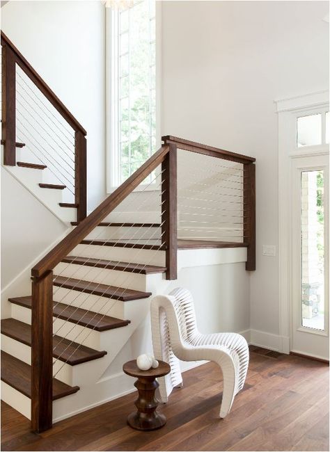 Stunning Stair Railings (Centsational Girl)                                                                                                                                                     More Cable Stair Railing, Diy Stair Railing, Transitional Staircase, Modern Stair Railing, Stair Banister, Staircase Remodel, Stair Case, Modern Stairs, Casa Vintage